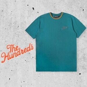 The Hundreds Cord T-Shirt Mens Embroidered Logo Rasta Stripe Collar Teal Blue XL